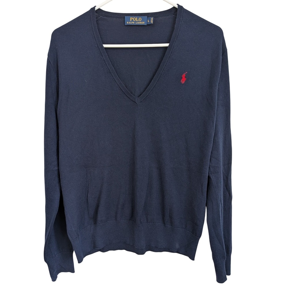 VTG Polo Ralph Lauren Sweater L Navy Blue Cotton Blend V-Neck Preppy Classic